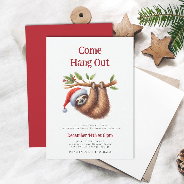 Come Hang Out Sloth Branch Funny Christmas Party Invitation (come hang out funny sloth christmas party invitation family winter holiday cute minimalist modern)