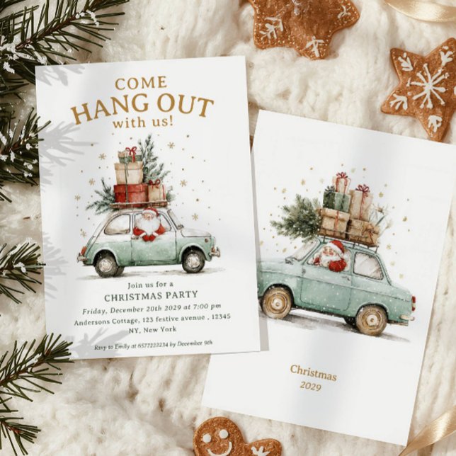 Come hang out Whimsical Santa car Christmas Party Invitation (Creator Uploaded)