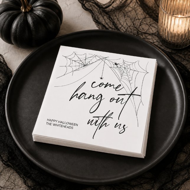 Come Hang With Us Spiderweb Party Napkin (Welcome your favorite ghosts and ghouls with this playful “Come Hang With Us” Halloween design. )