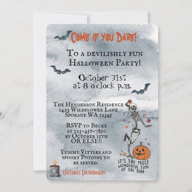 Come If You Dare Skeletons Halloween Party Invitation (Front)