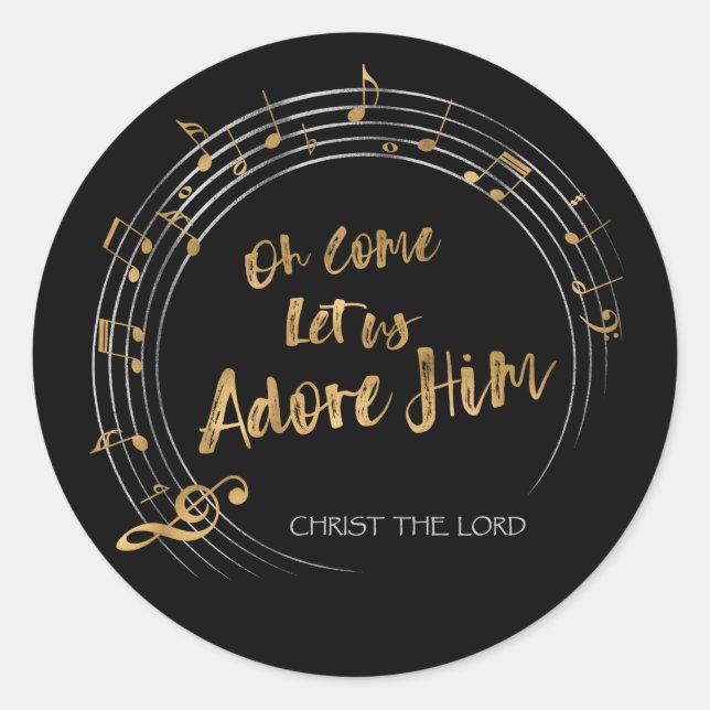 COME LET US ADORE Christian Christmas Hymn Black Classic Round Sticker (Front)