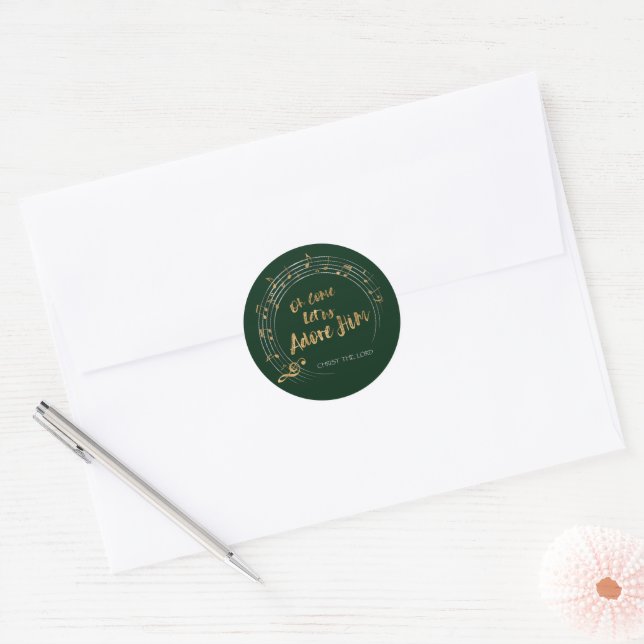 COME LET US ADORE Christian Christmas Hymn Green Classic Round Sticker (Envelope)