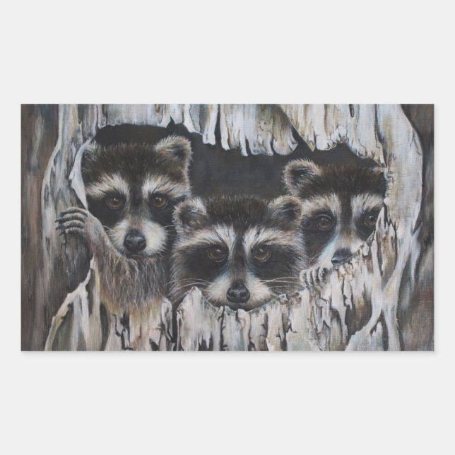"Come on in" three raccoons in a tree Rectangular Sticker (Front)