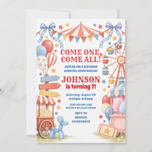Come One Come All Carnival Birthday Red Blue Party Invitation