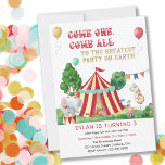 Come One Come All Circus Themed Kids Birthday Invitation<br><div class="desc">Circus themed birthday invitation for kids of any age. The invite is titled "Come One, Come All to the Greatest Party on Earth" - perfect for inviting your guests to step right up and join the fun! The design features a big top with circus animals practicing in the park, including...</div>