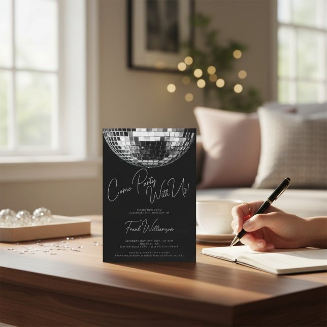 Come party black modern disco ball birthday  invitation (Creator Uploaded)