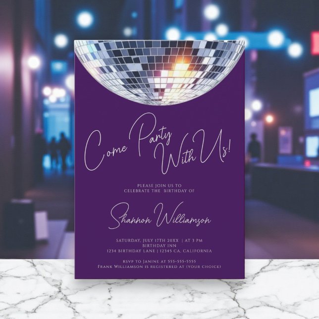 Come party purple  modern disco ball birthday  invitation (Creator Uploaded)