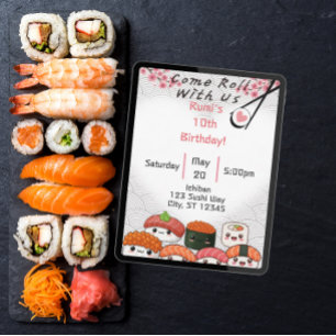 Come Roll With Us Sushi birthday Invitation
