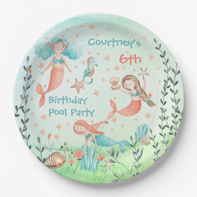 Come To My Mermaid Birthday Pool Party Paper Plate (Front)