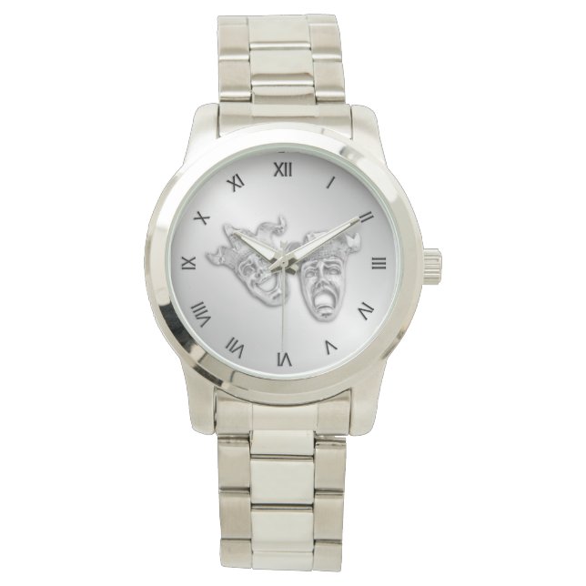 Comedy and Tragedy Silver Theatre Roman Numerals Watch (Front)