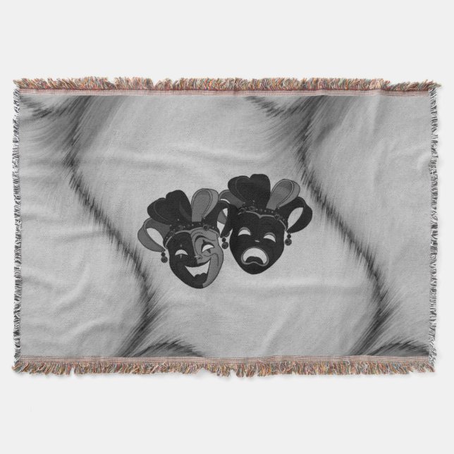 Comedy and Tragedy Theatre Jester Masks Silver Throw Blanket (Front)