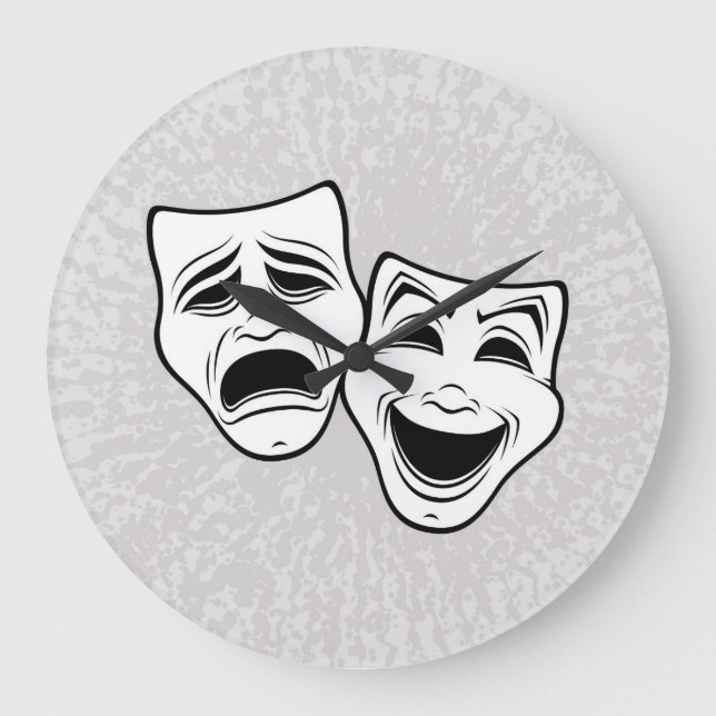Comedy And Tragedy Theatre Masks Black Line Large Clock (Front)