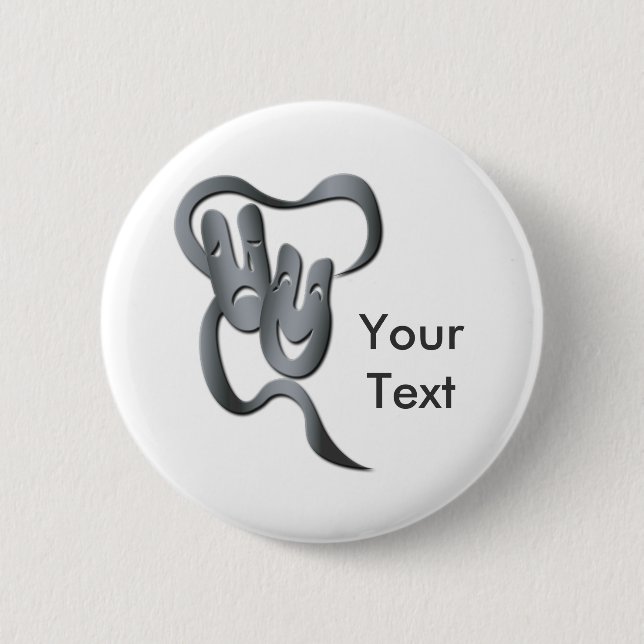 Comedy Tragedy Grey Theatre Mask Button (Front)