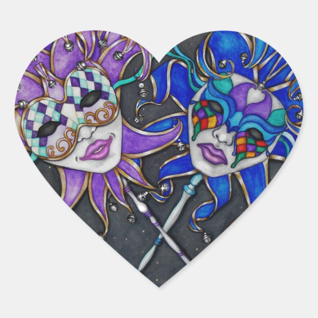 Comedy/Tragedy Jester Masks Heart Sticker (Front)
