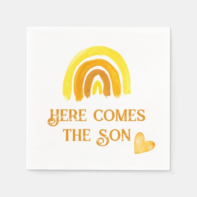 Comes Son Yellow Sunshine Rainbow Baby Shower Napkin (Front)