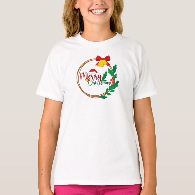 Comfort Colors® Girls Merry Christmas Wreath Tee  (Front)