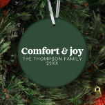 Comfort & Joy Modern Minimalist Green Christmas Ornament<br><div class="desc">Elevate your holiday decorations with our "Comfort & Joy" Modern Minimalist Green Christmas Ornament. Crafted with shatterproof materials, this ornament combines durability and a contemporary, trendy design. The rich emerald green colour evokes the spirit of the season and adds an elegant touch to your Christmas tree. What makes this ornament...</div>