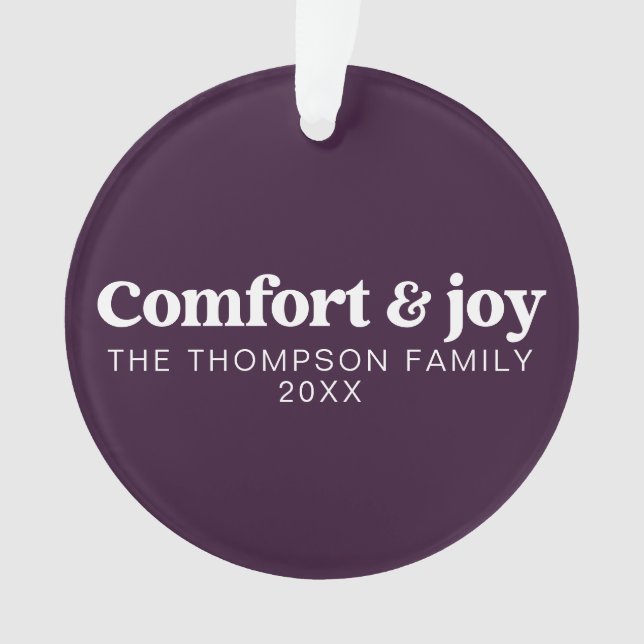 Comfort & Joy Modern Minimalist Purple Christmas Ornament (Front)