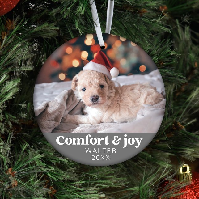 Comfort & Joy Photo and Name Modern Christmas  Ornament (Creator Uploaded)