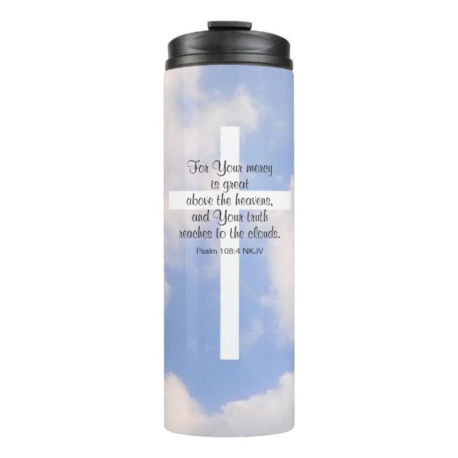 Comforting Sky Blue Bible Verse White Cross Thermal Tumbler (Front)