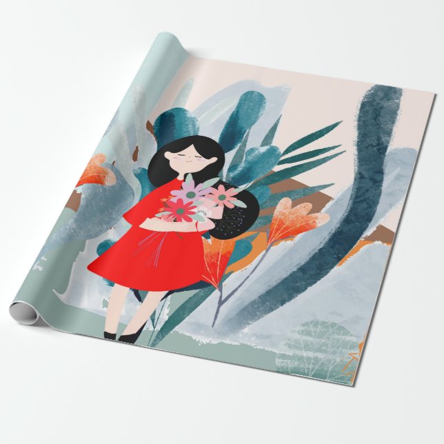 Comic art girl in forest wrapping paper (Unrolled)