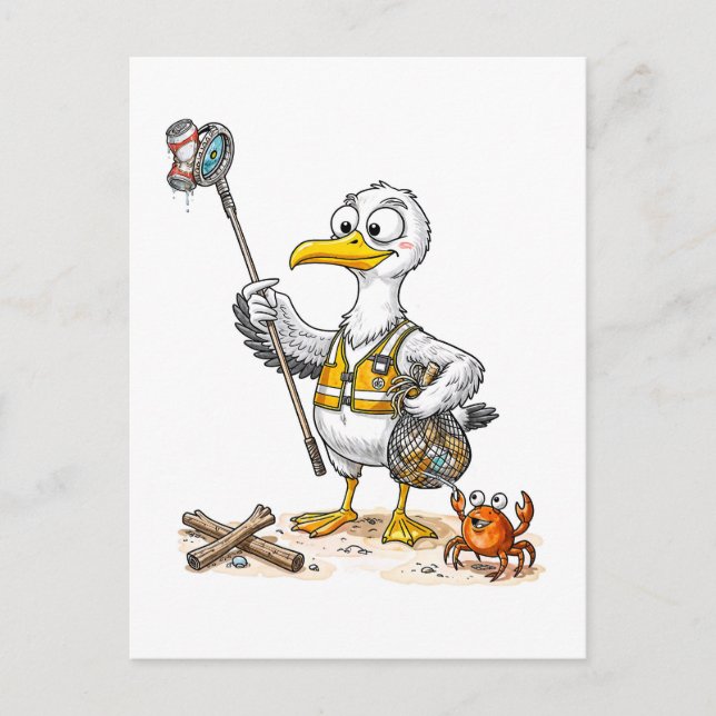 Comic Bird Beach Cleanup Crew Postcard (Front)