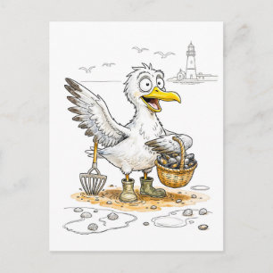 Comic Bird Collecting Shells Postcard