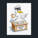 Comic Bird Harbour Officer Postcard<br><div class="desc">A responsible coastal bird works at the harbour office,  managing documents and maritime duties with comic charm. This illustration blends nautical professionalism with playful character design,  perfect for coastal décor and humorous maritime themes.</div>