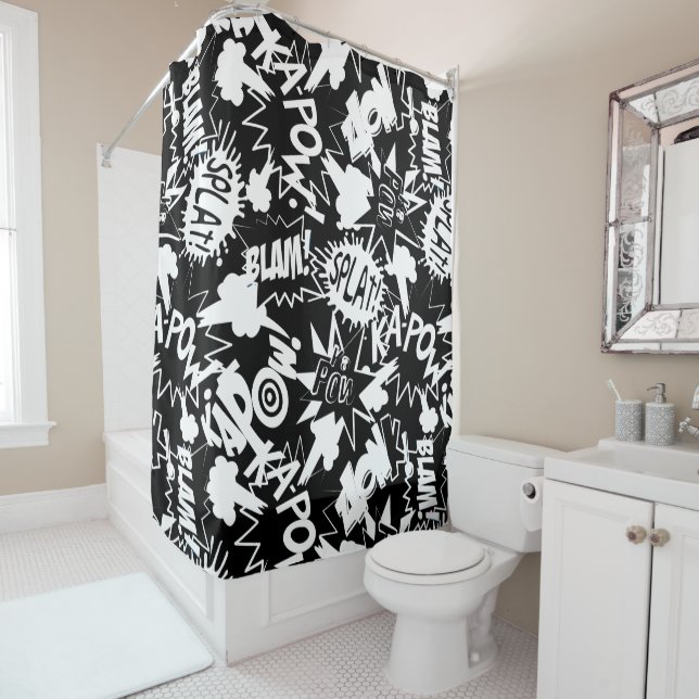 Comic book actions shower curtain (In Situ)