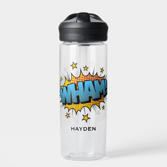Comic Book Art Wham Bubble Personalised Water Bottle (Front)