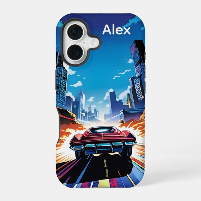 Comic Book Car Going Fast Personalised iPhone 16 Case (Back)