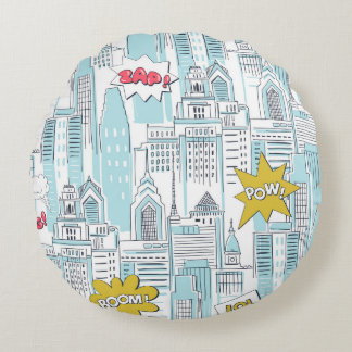 Comic book city: vintage pattern round cushion
