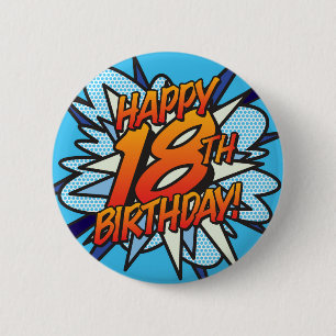 Comic Book HAPPY 18TH BIRTHDAY blue 6 Cm Round Badge