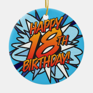 Comic Book HAPPY 18TH BIRTHDAY! blue Ceramic Tree Decoration