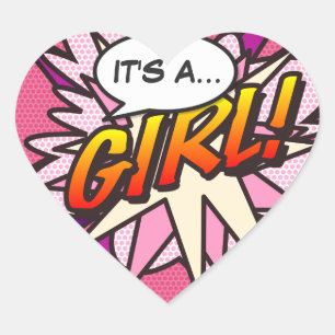 Comic Book Pop Art IT'S A GIRL Gender Reveal Heart Sticker