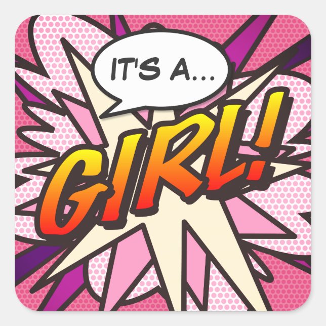 Comic Book Pop Art IT'S A GIRL Gender Reveal Square Sticker (Front)