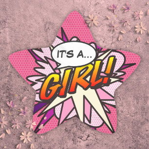 Comic Book Pop Art IT'S A GIRL Gender Reveal Star Sticker