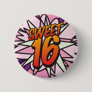Comic Book Pop Art Pink SWEET 16 BIRTHDAY 6 Cm Round Badge