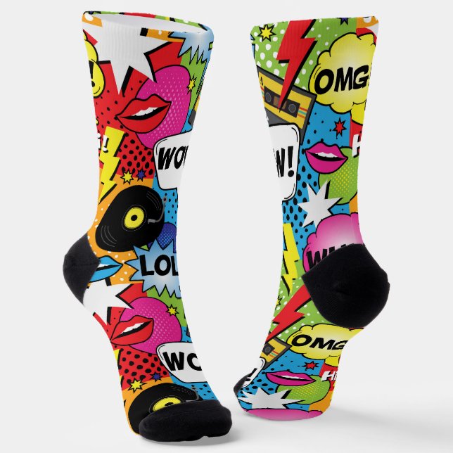 Comic Book Pop Art Retro Speech Bubbles Patterned Socks (Angled)