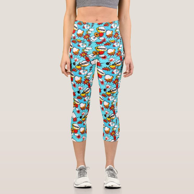 Comic Book Pop Art Super Hero Funny Capri Leggings (Front)