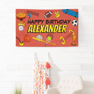 Comic Book Retro Sports Athletic Balls Birthday Banner