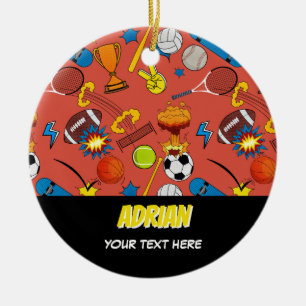 Comic Book Retro Sports Athletic Balls Kids Boys Ceramic Tree Decoration