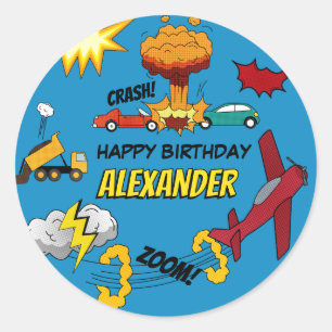 Comic Book Retro Truck Vehicles Airplanes Birthday Classic Round Sticker