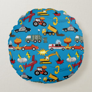 Comic Book Retro Trucks Cars Vehicles Aeroplanes Round Cushion