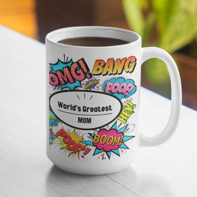 Comic Book Sounds World's Greatest Themed Coffee Mug (Shown in 15oz. Available in other styles and sizes, as well as additional products.)