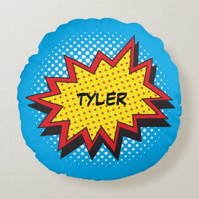 Comic Book Style Colourful Custom Name Round Cushion (Front)
