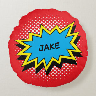Comic Book Style Colourful Custom Name Round Cushion
