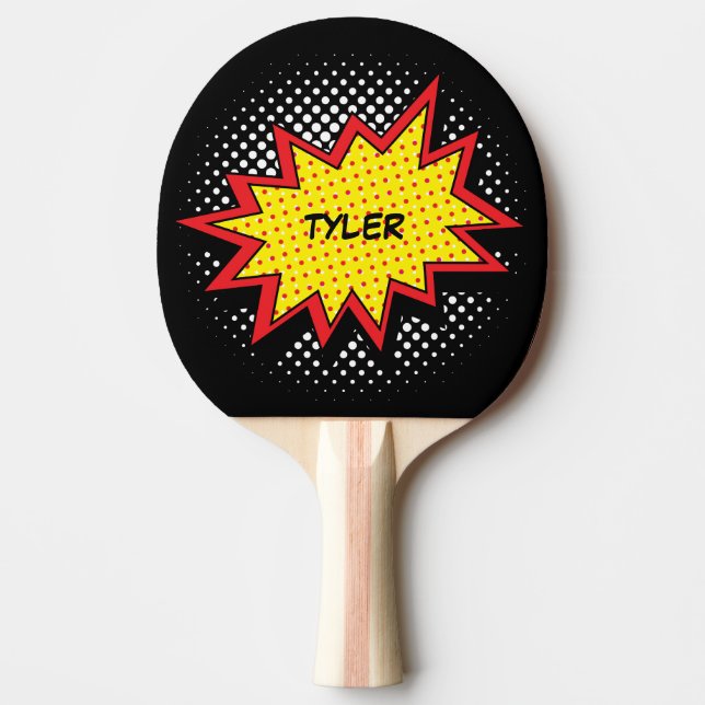 Comic Book Style Colourful Name Black Ping Pong Paddle (Front)