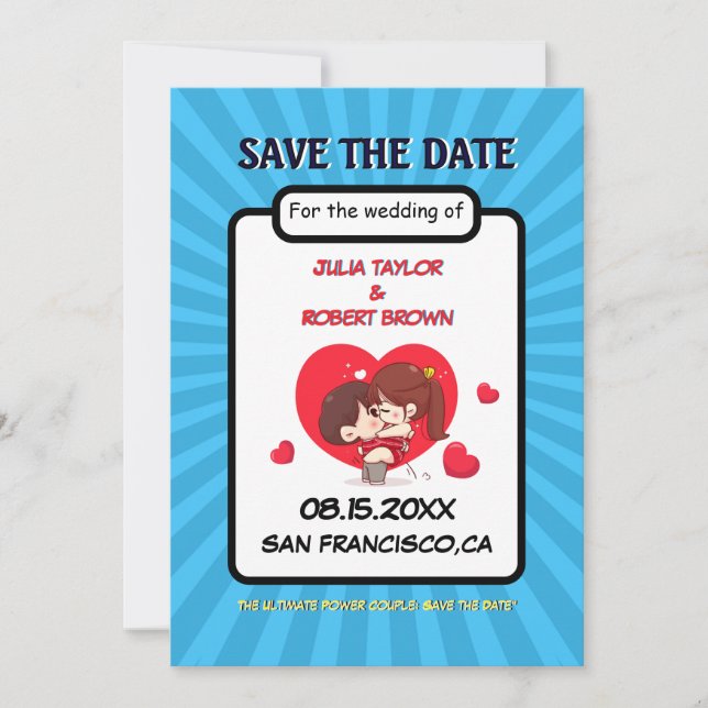 Comic book style personalised save the date  invitation (Front)