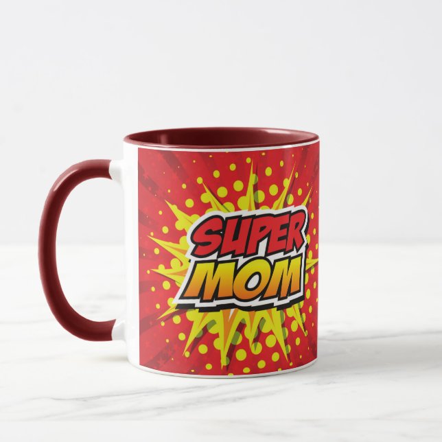 Comic Book Style Red and Yellow Super Mum Mug (Left)